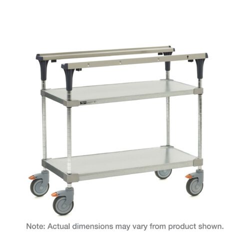 3ideghgxb1dwrddnrjmrj2hxegfjrvo2.jpg The Metro MS1848-FGFG PrepMate MultiStation is a two-tier metal utility cart with solid galvanized top and bottom shelves, chrome posts, dual side handles, and four swivel wheels with locks. Note: dimensions may vary from the product shown.