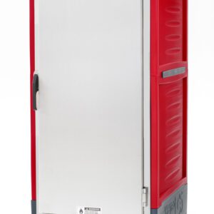 The Metro C539-HFS-4A C5 3 Series is a red full-height commercial holding cabinet on wheels, featuring a full-length solid door with handle, bottom ventilation panel, and fixed wire slides for organization. It has textured side panels and control knobs operating at 120V, 60Hz, 2000W.