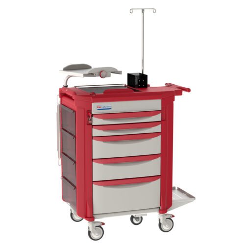 The Metro LECCRP7-RD Lifeline Crash Cart, Red, is a sleek medical cart with four drawers, a side compartment, smooth-rolling wheels, an IV pole on top, and a convenient gray armrest-like pad.