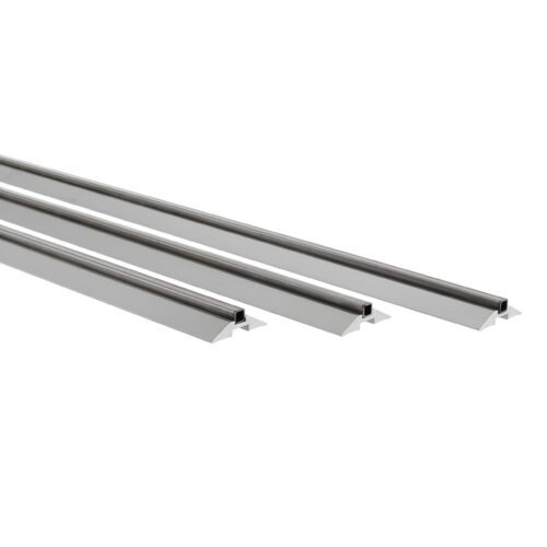 Three sleek silver aluminum profiles from the Metro LBTS2.5NA qwikTRAK Floor Track Shelving Double Deep Track Set, 2.5, are arranged parallel on a white background, highlighting a uniform design perfect for 2.5 spaces.