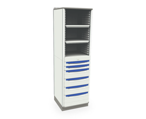 The Metro SXRS72TU2 Starsys Stationary Supply Cabinet is a tall white unit with three open shelves at the top, a lockable compartment in the middle, and six bottom drawers with blue handles, all set against a plain white background.