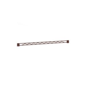A simple, long brown metal rail with a crosshatched design in the middle is illustrated. The Metro H130-DCH Super Erecta Hanger Rail, Copper Hammertone, 30, features circular mounts on each end for wall attachment. The background is plain white.