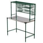 Introducing the Metro CR2448AIO All-In-One Prep Station, 24 x 48 x 63, with a stainless steel top and Metroseal Green Epoxy wire rack frame. This versatile table features an overhead shelf with wire storage options, hooks, and dividers for optimal organization.