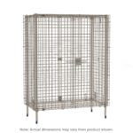 The Metro MQSEC56E MetroMax Stationary Security Shelving Unit, measuring 26.9375 x 62.875 x 66.1875, is a tall storage cage with a latch-secured front door and sturdy legs, ideal for diverse items. Note: Actual dimensions may vary.