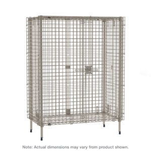 The Metro MQSEC56E MetroMax Stationary Security Shelving Unit, measuring 26.9375 x 62.875 x 66.1875, is a tall storage cage with a latch-secured front door and sturdy legs, ideal for diverse items. Note: Actual dimensions may vary.