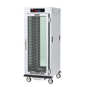 The Metro C599L-SFC-UPFC C5 9 Series is a full-height heated holding and proofing cabinet with clear doors, universal wire slides, digital controls on top, and four caster wheels for mobility. Powered by 120V at 60Hz with a stainless steel finish and a robust handle on the side.