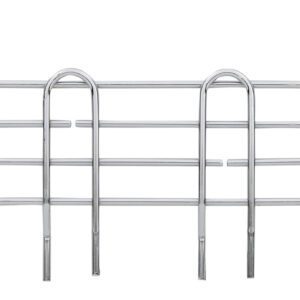 A sleek, modern chrome rack made from stainless steel with three vertical and two horizontal bars complements the Metro L14N-4S Super Erecta 4 High Stackable Ledge for Wire Shelving in a 14 space.