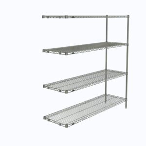 The Metro AN366C Super Erecta 4-Shelf Industrial Wire Shelving Add-On Unit in chrome features a single post system with four adjustable shelves, measuring 18 x 60 x 63, on a plain white background.