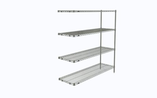 The Metro AN366C Super Erecta 4-Shelf Industrial Wire Shelving Add-On Unit in chrome features a single post system with four adjustable shelves, measuring 18 x 60 x 63, on a plain white background.