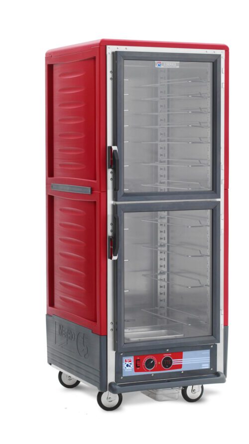 3t8jur5fr2e4c68d4xy1n69c8vo0jnyj.jpg The Metro C539-HLDC-U is a full-height, red, insulated holding cabinet on wheels with Dutch clear doors and Universal Wire Slides. It features multiple shelves and control dials on the bottom front panel, operating seamlessly at 120V and 60Hz.