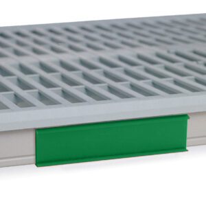 Close-up of a gray plastic grid shelf with a Metro CSM6-GX Color Shelf Marker for MetroMax i Industrial Plastic Shelving in green attached to the front edge, showcasing intersecting bars for efficient storage and organization.