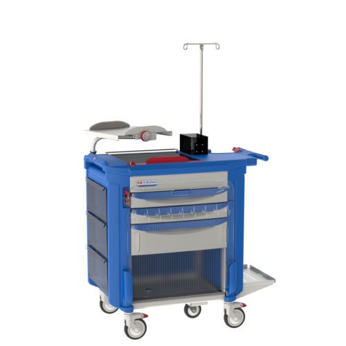 The Metro LECCRP8 Lifeline Crash Cart, Blue, boasts a striking design with multiple drawers, an IV pole, a top defibrillator attachment, and wheels with a side handle for easy mobility—perfect for rapid medical response.