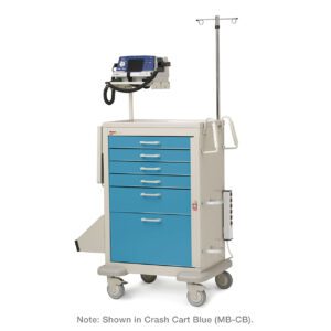 The Metro MBX4101CRT1 Basix Crash Cart, in Crash Cart Blue (MB-CB), features blue drawers, a top defibrillator, and an IV pole. Designed for efficiency with compartments and wheels for easy mobility, its essential in emergencies.
