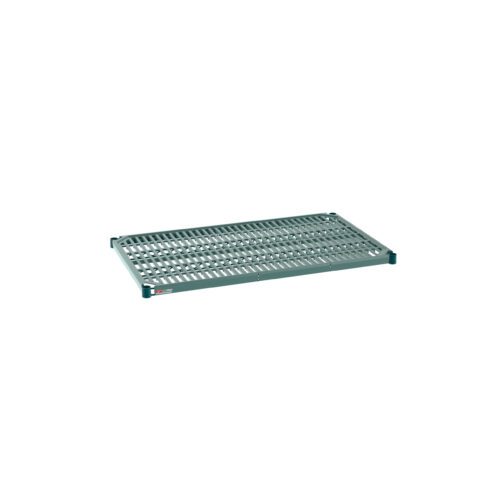 The Metro Super Erecta Pro PR2442NK3 Industrial Wire Restaurant Shelf, 24 x 42, has a grid-like surface, sturdy frame, and removable plastic mat. Its shown against a plain white background.