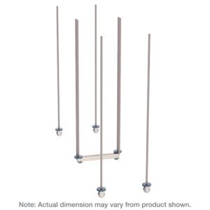 An illustration shows six vertical metal rods with blue circular bases, some connected by horizontal rods, resembling the Metro LBTM18K4 qwikTRAK Double Deep Mobile Unit Kit for 18 Wide Super Erecta Wire Shelving in Metroseal Gray Epoxy. Note: Actual dimensions may vary from product shown.