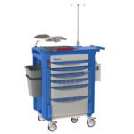 The Metro LECCRP6 Lifeline Crash Cart, Blue, offers multiple drawers, a side waste bin, an IV pole, and a defibrillator on top. Its blue and gray design includes wheels for easy mobility and compartments to organize medical supplies efficiently.