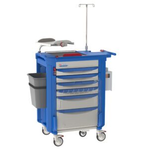 The Metro LECCRP6 Lifeline Crash Cart, Blue, offers multiple drawers, a side waste bin, an IV pole, and a defibrillator on top. Its blue and gray design includes wheels for easy mobility and compartments to organize medical supplies efficiently.