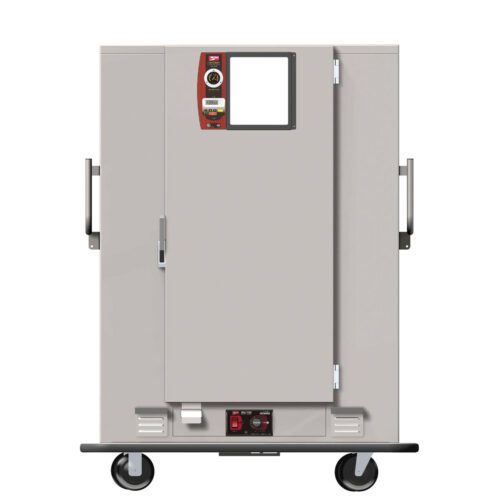The Metro MBQ-144-QHA One-Door Banquet Cabinet offers mobility and efficient warming with a Quad-Heat Thermal System. It features stainless steel sides, two robust handles, and four wheels. The top-front control panel has buttons and a small display screen for easy operation at 1650W, 60Hz, 120V.