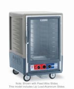 The Metro C535-MFC-L-GY is a gray, 1/2 height insulated heated/proofing cabinet with a full-length clear door, lip load aluminum slides, metal frame, wheels, control knobs at the bottom, adjustable shelves for trays. It operates efficiently on 120V at 60Hz and provides 2000W of power.
