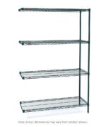The Metro AN476K3 Super Erecta 4-Shelf Industrial Wire Shelving Add-On Unit features robust metal wire shelves in Metroseal Green Epoxy and stands upright on four poles, measuring 21 x 72 x 63; actual dimensions may vary from images.