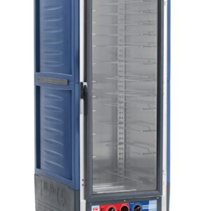 The Metro C539-MXFC-U-BU C5 3 Series Cabinet is a full-height, blue, moisture heated holding/proofing unit with a clear door and empty wire slides. It features red/blue knobs, operates at 50/60Hz, and has wheels for easy movement.