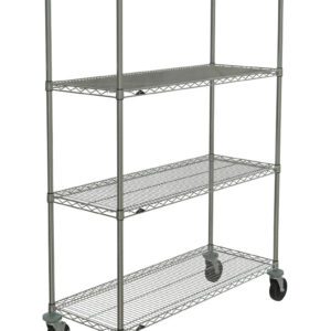 The Metro N356BC Super Erecta 4-Shelf Cart, measuring 18 x 48 x 67.875, boasts a chrome finish with four tiers and black caster wheels, offering an open design ideal for storage and organization.