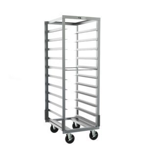 The tall, empty Metro RF23NA37 Roll-In Refrigerator Pan Rack on wheels measures 21.875 x 27 x 64.75, features multiple horizontal shelves, an open design, and is made of silver metal. With gray corner bumpers and 5 slide spacing, its perfect for kitchens and bakeries.