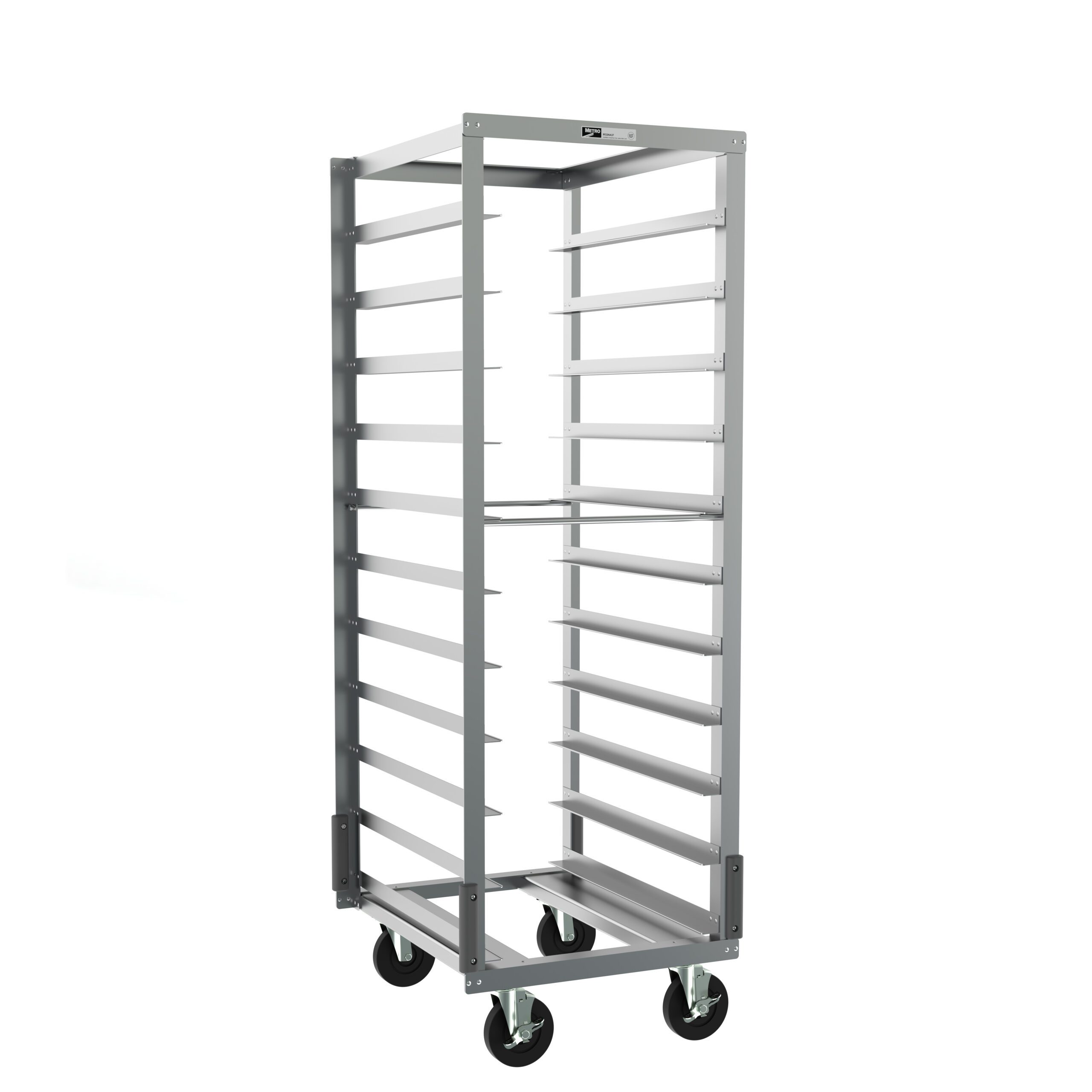 Roll-In Refrigerator Pan Racks with Gray Corner Bumpers, 5" Slide Spacing