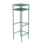 The green metal plant stand, featuring two square perforated shelves and measuring 24 x 24 x 74, with slender legs and crisscross support bars, has a sleek design resembling the Metro CR242474PRH2 Super Erecta Pro Overhead Storage 2-Shelf Docking Station.