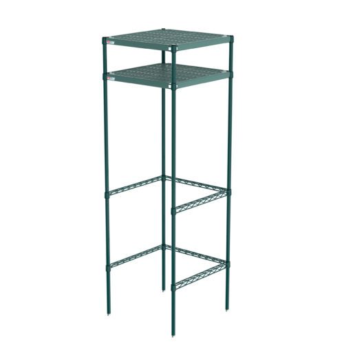The green metal plant stand, featuring two square perforated shelves and measuring 24 x 24 x 74, with slender legs and crisscross support bars, has a sleek design resembling the Metro CR242474PRH2 Super Erecta Pro Overhead Storage 2-Shelf Docking Station.