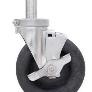 The Metro 5MHTNB 5 Nylon High-Temperature Autoclave Swivel/Brake Stem Caster is perfect for Super Erecta industrial wire shelving racks. It features a sleek metal mount and bearing, with a polished black rubber wheel set vertically against a white background.