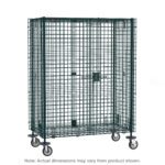 The Metro SEC33EK3 Super Erecta Mobile Security Shelving Unit, with Metroseal Green Epoxy, is a metal storage cage on caster wheels. It features a secure latch and metal bar grid, typically measuring 21.5 x 40.75 x 67.9375.