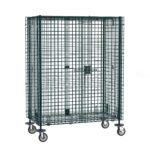 The Metro SEC55EK3 Super Erecta Mobile Security Shelving Unit, with a Metroseal Green Epoxy finish, measures 27.25 x 52.75 x 67.9375. It offers durable metal mesh storage on wheels with a secure latch for spacious and secure containment.