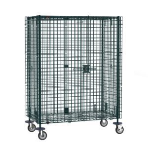 The Metro SEC55EK3 Super Erecta Mobile Security Shelving Unit, with a Metroseal Green Epoxy finish, measures 27.25 x 52.75 x 67.9375. It offers durable metal mesh storage on wheels with a secure latch for spacious and secure containment.
