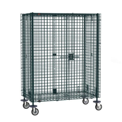 The Metro SEC55EK3 Super Erecta Mobile Security Shelving Unit, with a Metroseal Green Epoxy finish, measures 27.25 x 52.75 x 67.9375. It offers durable metal mesh storage on wheels with a secure latch for spacious and secure containment.