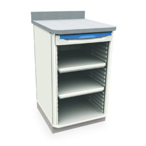 The Metro SXR36WC2 Starsys Stationary Workcenter is a bedside cabinet in white and gray with a blue handle, featuring a stone-like top finish, three open shelves, and a sleek gray base that complements any space.