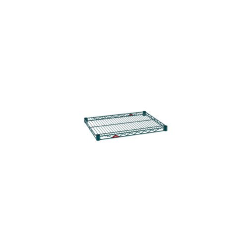 The Metro Super Erecta 1824NK3 Industrial Wire Shelf features a grid pattern on a sturdy 18 x 24 frame with a sleek Metroseal Green Epoxy finish. Small red and white labels accent its corners, providing contrast against the plain white background.