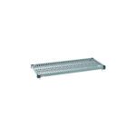 The MetroMax Q MQ1842G 18 x 42 plastic industrial shelf features a grid mat surface with blue corner attachments, offering easy mounting and superb airflow and drainage, suited for industrial or commercial storage.