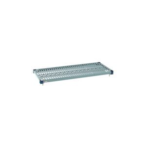 The MetroMax Q MQ1842G 18 x 42 plastic industrial shelf features a grid mat surface with blue corner attachments, offering easy mounting and superb airflow and drainage, suited for industrial or commercial storage.