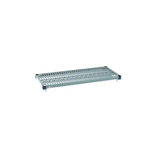 The MetroMax Q MQ1842G 18 x 42 plastic industrial shelf features a grid mat surface with blue corner attachments, offering easy mounting and superb airflow and drainage, suited for industrial or commercial storage.