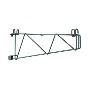 The Metro SWD21K3 SmartWall Double Shelf Support, designed for 21 deep shelves, features a sturdy triangular design with hooks. Its coated in Metroseal Green Epoxy for durability and style, set against a white backdrop.