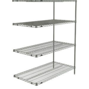 The Metro AN466BR Super Erecta Add-On Unit in Brite finish is a 21 x 60 x 63 metal shelving unit featuring four adjustable wire shelves supported by robust vertical poles.