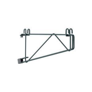 The Metro SWD14K3 SmartWall Double Shelf Support features a triangular design with top hooks and a horizontal base. This dark gray bracket, treated with Metroseal Green Epoxy, is perfect for wall mounting or supporting items.