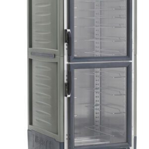 The Metro C539-MDC-U-GYA cabinet is a full-height, wheeled unit with Dutch clear doors, 60Hz controls, universal wire slides, and a gray exterior.