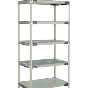 The MetroMax i 5X537HX3 5-Shelf Plastic Industrial Shelving Starter Unit measures 24 x 36 x 74, with five adjustable vented shelves, a solid bottom shelf, and robust grey frame with adjustable feet offering stable organization in any space.