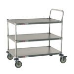 The Metro CRLS433NFS 3-Shelf All Stainless Steel Cart for Labs and Cleanrooms measures 24 W x 36 L x 39 H, featuring a sleek silver design with evenly spaced shelves, a sturdy handle, and four swivel wheels.