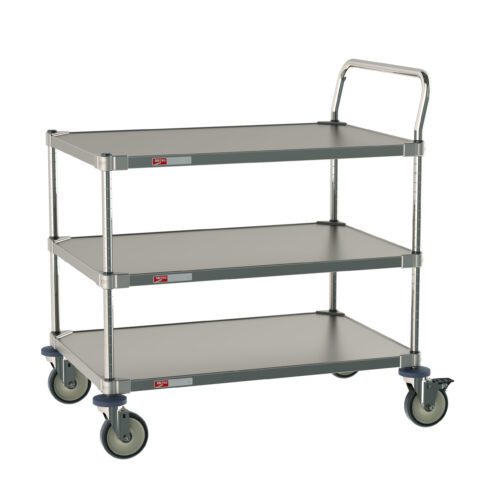 The Metro CRLS433NFS 3-Shelf All Stainless Steel Cart for Labs and Cleanrooms measures 24 W x 36 L x 39 H, featuring a sleek silver design with evenly spaced shelves, a sturdy handle, and four swivel wheels.