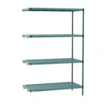 Explore the Metro PR-212474K3-A-4 Shelving Add-On Unit, combining minimalist elegance with a green four-tier design. It features removable plastic mats, mesh-style platforms, and adjustable corners for versatile use, measuring 21 x 24 x 74.
