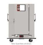 The Metro MBQ-144A Banquet Cabinet features a durable metal exterior with wheels and dual handles for easy maneuverability. This 1650W, 120V unit operates at 60Hz with control panels at the top and bottom, making it a Quad-Heat marvel for efficient food warming.
