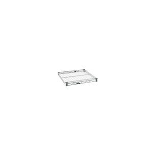 A Metro Super Erecta 1818NC Industrial Wire Shelf, with chrome finish and dimensions of 18 x 18, features a grid pattern and raised edges, ideal for storage and organization. Its sleek silver enhances any space effortlessly against a plain background.
